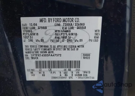 2005 Ford F-150 Fx4/Lariat/Xl/Xlt from USA, damaged, VIN 1FTPX14505FA47572
